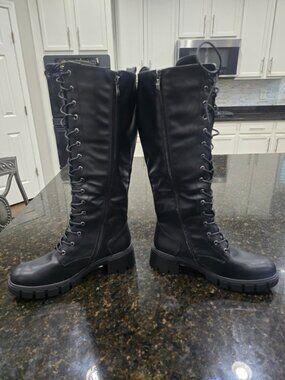 ⚡Women Black/Pu Polyurethane Combat Chunky Knee High Platform Lace Up Boots